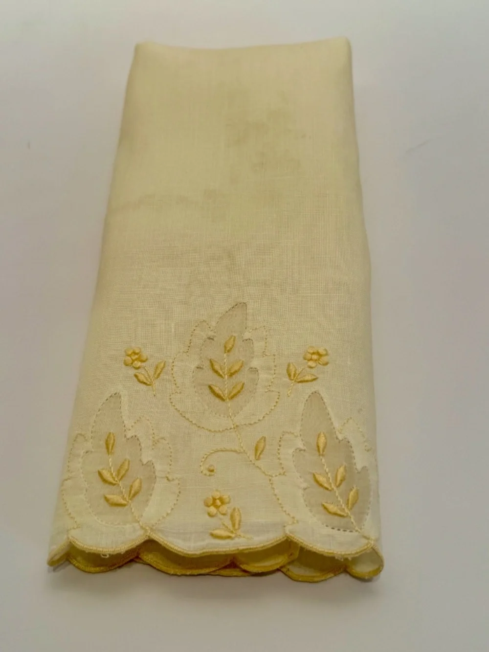 Pair Vintage Embroidered Pale Yellow Madeira Linen & Organza Fingertip Towels